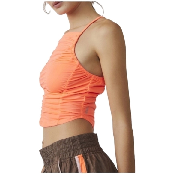 Free People FP MOVEMENT Shirr Enough Tank Top Ruched Neon Coral Size Lar… - Picture 4 of 12
